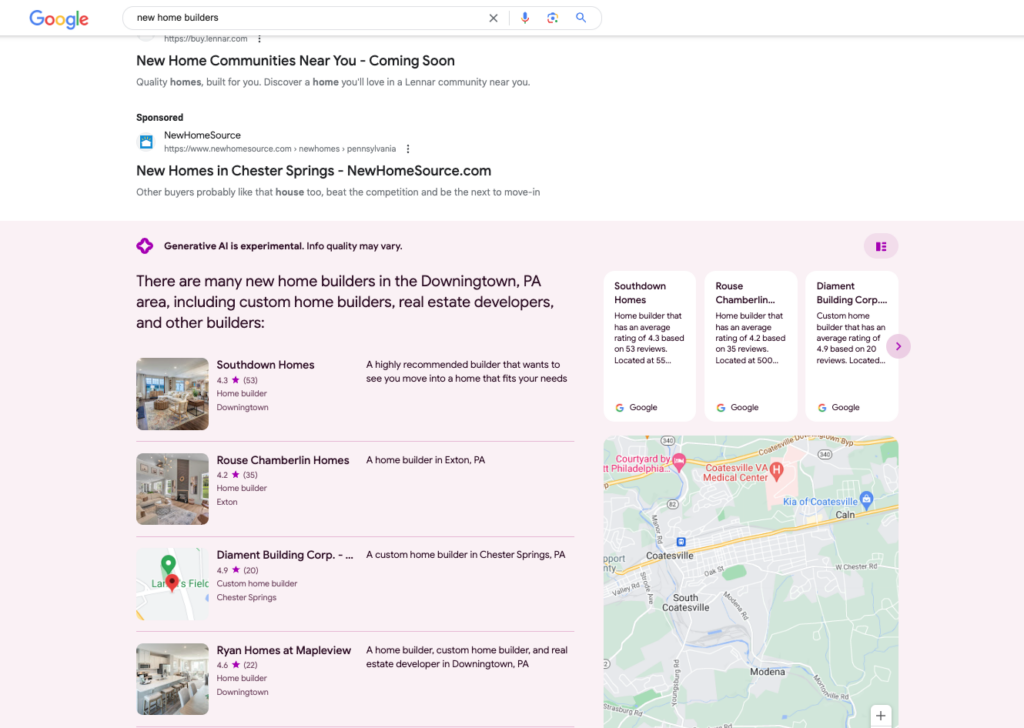 Google Search with AI example - Homebuilder search